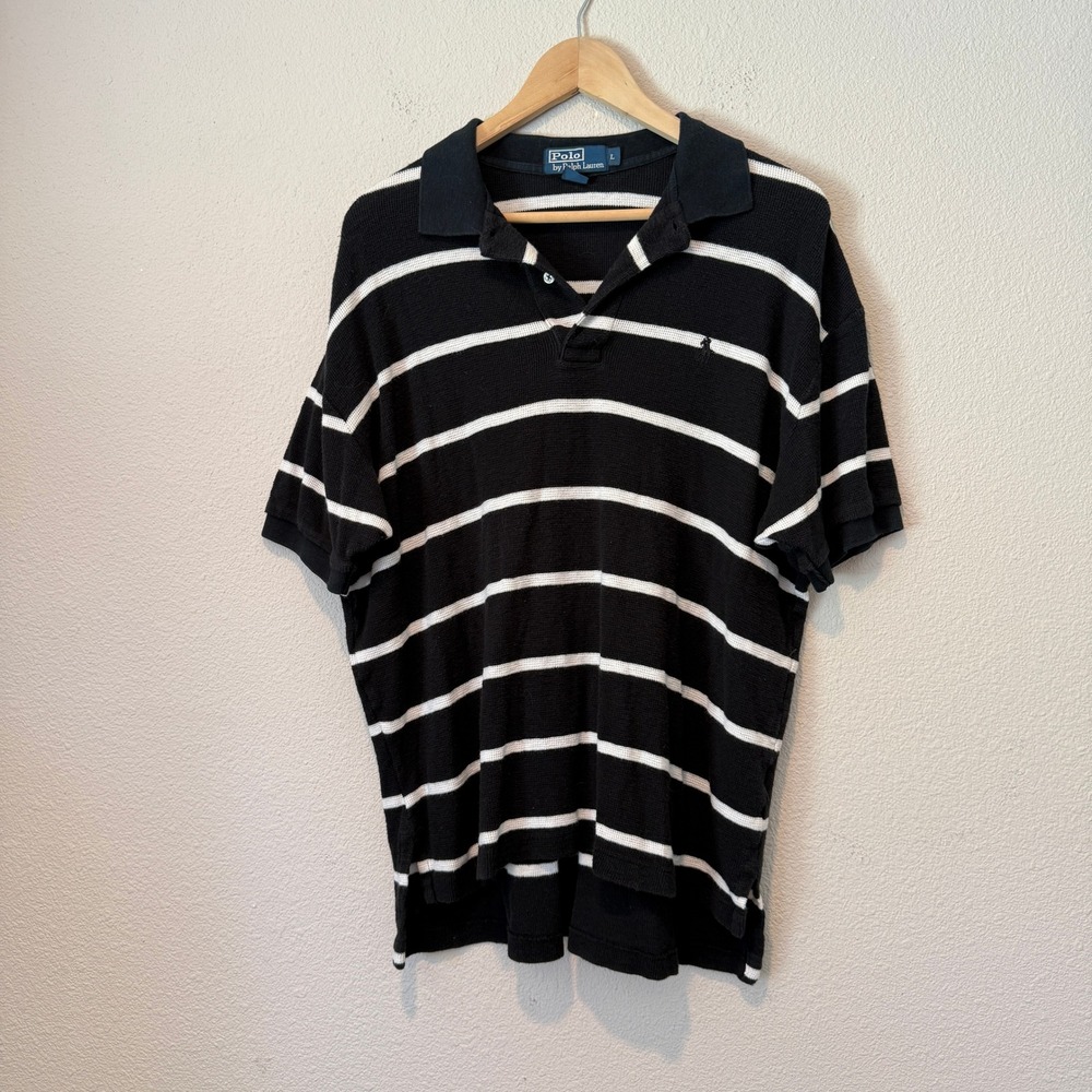 Polo Ralph Lauren Mens Large Black White Striped Waffle Knit Polo Shirt Cotton